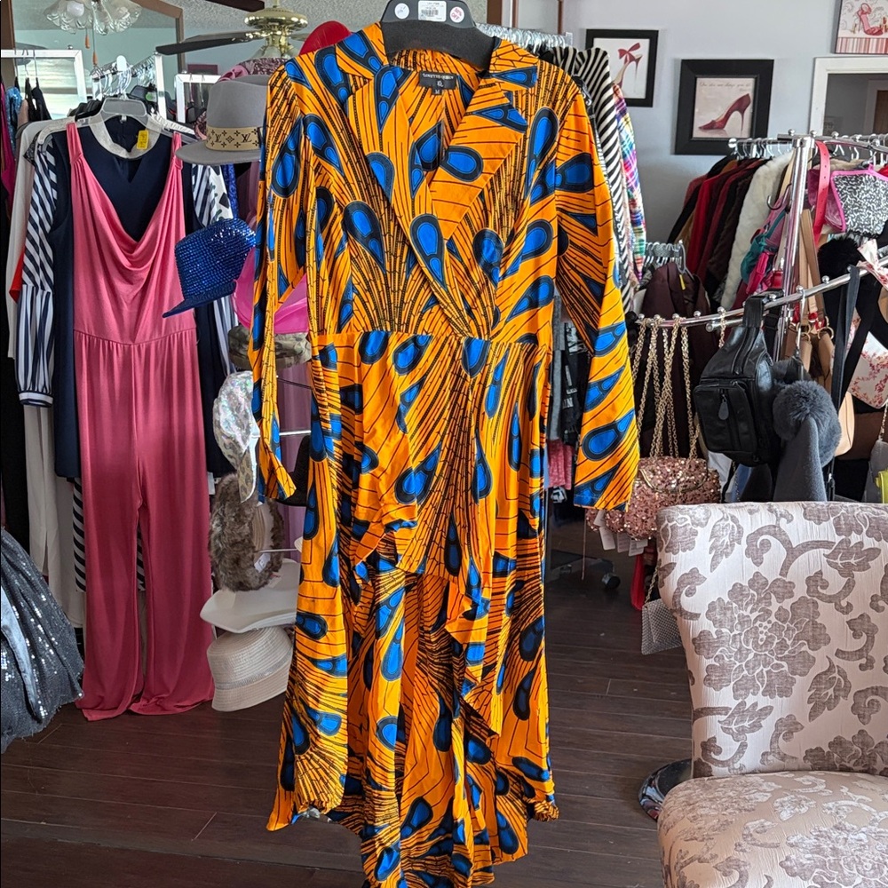 Elegant Orange and Blue Long Sleeve Dress